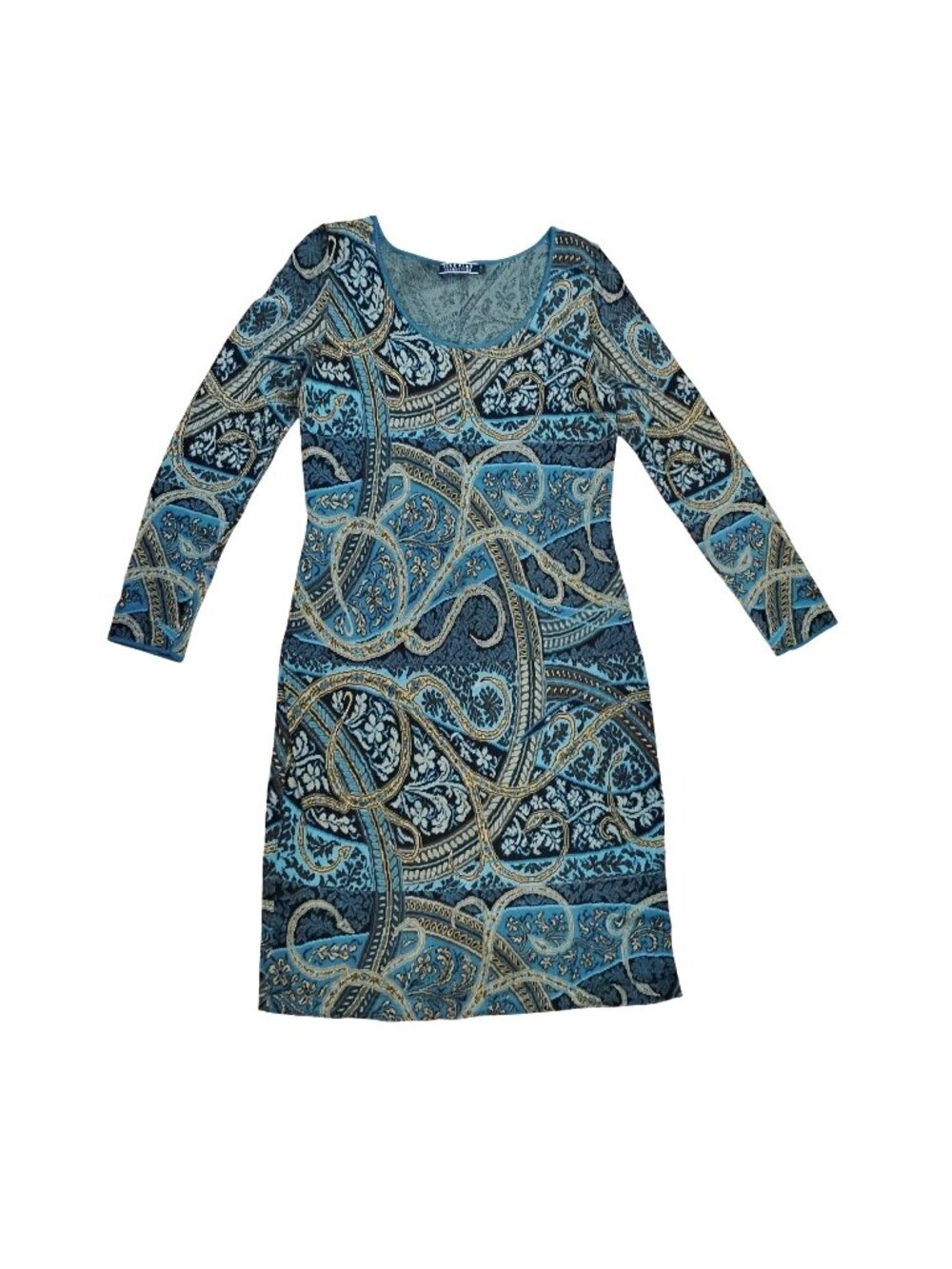 Peruvian Connection M Cotton Knit Sheath Long Sleeve Blue & Green Paisley Dress